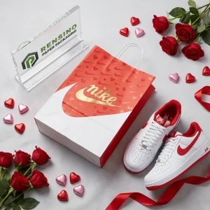 Sacchetto Regalo di Carta Rosso e Bianco con Logo Nike e Motivo a Cuore, Adatto per Regali, Imballaggio al Dettaglio o Alimentare, Stampa del Logo Personalizzata Disponibile