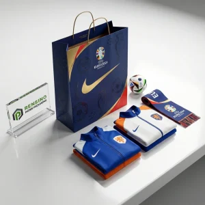 Bolsa de papel azul y blanca con logos impresos y patrón de fútbol, adecuada para empaquetado de regalos, venta al por menor o eventos, servicio OEM/ODM disponible