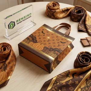 Braune und goldene Louis Vuitton Muster Geschenkpapiertragetaschen mit gedrucktem Logo und Halloween-Elementen, geeignet für Geschenke, Einzelhandel oder Lebensmittelverpackungen, benutzerdefiniertes Design verfügbar