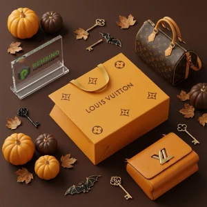 Bolsas de papel con el logotipo de Louis Vuitton en naranja y estampado floral, adecuadas para envolver regalos, venta al por menor o alimentos, diseños personalizados disponibles.