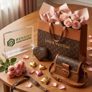 Saco de Papel Marrom Louis Vuitton com Flores e Acessórios de Presente, Adequado para Embalagem de Presentes, Varejo ou Moda, Serviço OEM/ODM Disponível