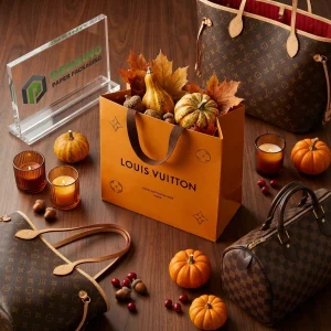 Orange Louis Vuitton Paper Bag with Autumn Leaves and Pumpkins, Suitable for Gift, Retail, Food, Cosmetic, Jewelry, Customizable with OEM/ODM Service