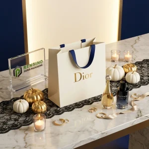 Sacola de Papel Branca e Azul com Logo Dior e Padrão Floral, Adequada para Embalagem de Presentes, Cosméticos ou Joias, Design Personalizado Disponível