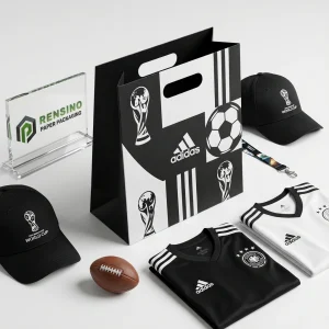 印刷されたロゴとサッカーパターンの黒と白のペーパーギフトバッグ