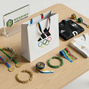 Sac cadeau en papier blanc avec logo olympique imprimé et rubans colorés, adapté pour les cadeaux, le commerce de détail ou l'emballage d'événements, impression de logo personnalisée disponible