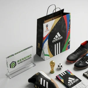 ロゴとサッカーパターンの印刷された黒と白のペーパーギフトバッグ、ギフト、小売、またはスポーツ商品包装に適しており、カスタムロゴ印刷が利用可能