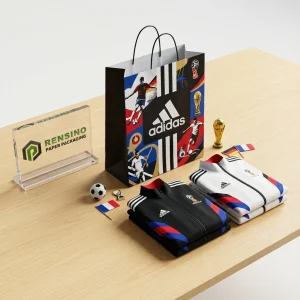 印刷されたアディダスロゴとサッカーパターンの黒と白のペーパーギフトバッグ、ギフト、小売、または食品包装に適しており、OEM/ODMサービスが利用可能