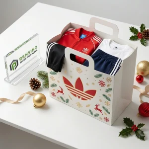 Sac en papier blanc pour cadeau avec motif de Noël et poignée, adapté pour les cadeaux, le détail ou l'emballage de marque, design personnalisé disponible