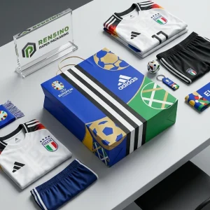 プリントされたサッカーパターンとアディダスロゴのカラフルなショッピングペーパーバッグ、スポーツ商品やギフト包装に適しており、OEM/ODMサービス利用可能