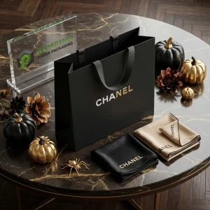 Bolsa de papel negra y blanca con logo y asa, adecuada para empaques de cosméticos o regalos, servicio OEM/ODM disponible