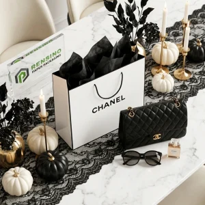 Borsa di Carta Bianca e Nera CHANEL con Manico in Cordino Nero e Nome del Marchio Stampato, Adatta per Imballaggio Regalo o al Dettaglio, Stampa Logo Personalizzata Disponibile