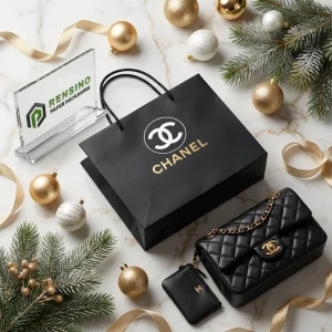 Sac en papier noir avec logo et motif dorés, adapté pour l'emballage de cadeaux ou au détail, service OEM/ODM disponible