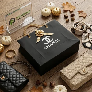 Sacs en papier cadeau noir avec logo imprimé et motif floral, adaptés pour l'emballage cosmétique ou de cadeaux, service OEM/ODM disponible
