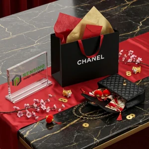 Sac en papier noir avec poignées rouges et logo imprimé, adapté pour les cadeaux, le commerce de détail ou l'emballage cosmétique, impression de logo personnalisée disponible