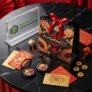Sac en papier noir avec ruban rouge et motif de dragon doré, adapté à l'emballage de cadeaux, de vente au détail ou alimentaire, service OEM/ODM disponible