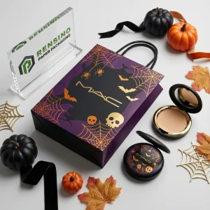 スパイダーウェブと頭蓋骨パターンの紫色のハロウィンショッピングペーパーバッグ、ギフト、小売、または化粧品包装に適しており、OEM/ODMサービスも利用可能です