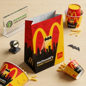 Red and yellow paper bags with city skyline and bat designs, customized packaging solutions.