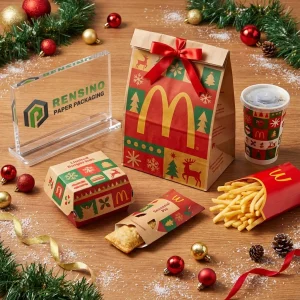 Set di imballaggio in carta rossa e kraft con motivo festivo, design personalizzato disponibile