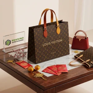 حقيبة ورقية بنية بنمط LV مع مقابض للهدايا أو البيع بالتجزئة أو تعبئة الأزياء، تصميم مخصص متاح