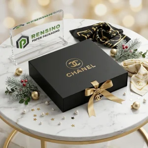 Schwarze starre Papiergeschenkbox mit goldener Schleife und Logo-Anhänger, geeignet für Geschenk- oder Einzelhandelsverpackungen, benutzerdefinierter Logo-Druck verfügbar