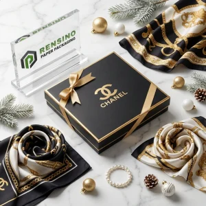 CHANEL Black Square Paper Gift Box with Gold Ribbon and Logo, Suitable for Gift or Retail Packaging, Custom Logo Printing Available