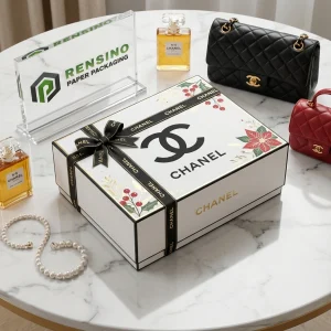 CHANEL White Rigid Paper Gift Box with Floral Pattern and Branded Ribbon, Suitable for Gift or Retail Packaging, OEM/ODM Service Available