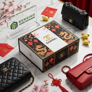 CHANEL Black and White Rigid Paper Gift Box with Dragon and Lantern Pattern, Suitable for Gift or Retail Packaging, OEM/ODM Service Available