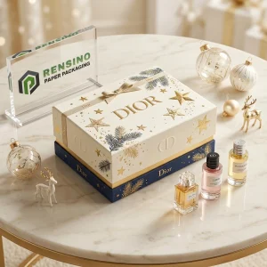 Dior White and Navy Rigid Paper Gift Box with Star and Pine Branch Pattern, Suitable for Gift or Retail Packaging, Custom Logo Printing Available