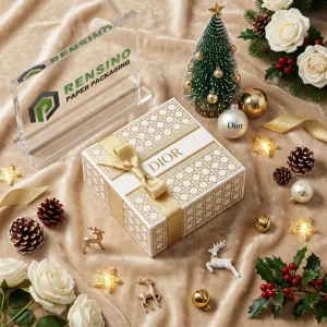 DIOR White and Gold Printed Paper Gift Box with Ribbon Bow, Suitable for Gift or Retail Packaging, Custom Logo Printing Available