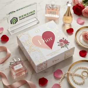 Scatola regalo di carta stampata bianca e rosa con motivo a cuore e floreale, adatta per confezioni regalo o al dettaglio, stampa logo personalizzata disponibile