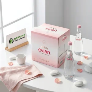 Scatola di carta rosa con motivo di montagna e goccia d'acqua, adatta per regali o imballaggio al dettaglio, design personalizzato disponibile