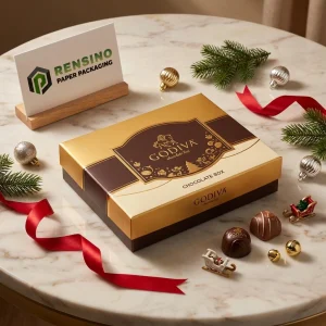 Gold and Brown Rigid Paper Box with Decorative Print, Custom Logo Printing Available