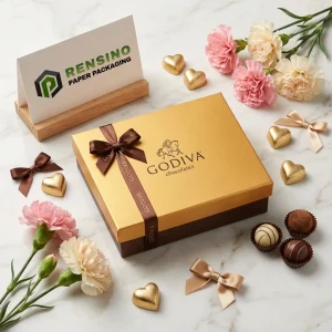 Gold and Brown Gift Box with Ribbon, Suitable for Chocolates or Jewelry, Custom Design Available
