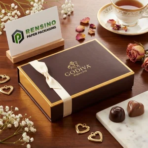 Braune und goldene starre Papierbox mit Schleife, benutzerdefinierte Logo-Druck verfügbar