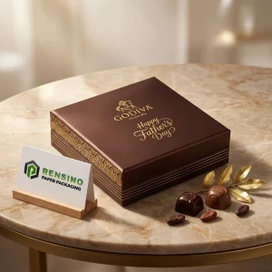 Brown Square Paper Gift Box with Gold Pattern and Text, Custom Logo Printing Available