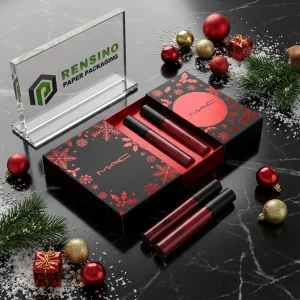 MAC Black and Red Drawer-Style Paper Box with Snowflake Pattern, Suitable for Cosmetic or Gift Packaging, OEM/ODM Service Available