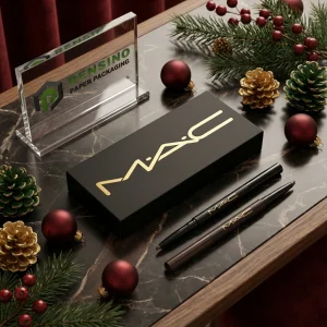 कॉस्मेटिक या उपहार पैकेजिंग के लिए उपयुक्त MAC काले आयताकार पेपर पैकेजिंग बॉक्स, गोल्ड लोगो प्रिंटिंग, OEM/ODM सेवा उपलब्ध