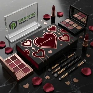 Scatola Regalo di Carta Stampata MAC Rossa e Nera con Motivo a Cuore, Adatta per Regali o Imballaggio Cosmetico, Stampa Logo Personalizzata Disponibile