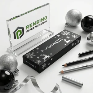 Schwarze rechteckige Papierverpackungsbox mit Schneeflocken- und Rentiermuster, geeignet für kosmetische oder Geschenkverpackungen, OEM/ODM-Service verfügbar