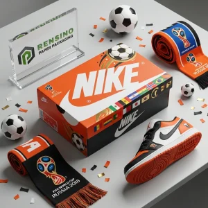 Оранжевая и черная коробка для обуви Nike с футбольным мячом и аксессуарами, доступен индивидуальный дизайн