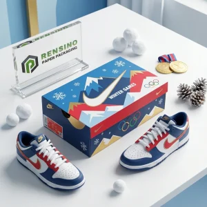 Boîte Cadeau en Papier Thématique Nike Bleue et Rouge avec Design d'Hiver, Personnalisable pour des Cadeaux Sportifs ou de Vacances