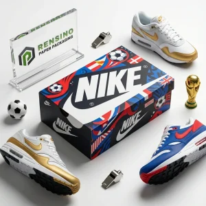 रंगीन नाइके जूते का बॉक्स फुटबॉल और गोल्ड ट्रॉफी के साथ, खेल माल पैकेजिंग के लिए उपयुक्त