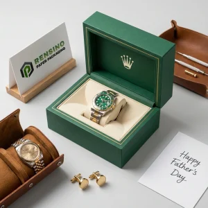 Scatola rigida per orologi in carta verde con rifiniture dorate, adatta per imballaggio di gioielli o regali, servizio OEM/ODM disponibile