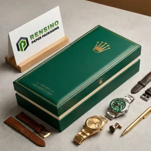 Scatola regalo in carta rigida verde con motivo di corona dorata e testo per la Festa del Papà, adatta per gioielli o imballaggio regalo, servizio OEM/ODM disponibile