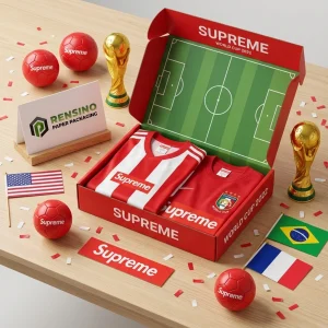Roter Papierschenkkarton mit Fußballfeld-Innenraum, geeignet für Sportartikel und Geschenkverpackungen