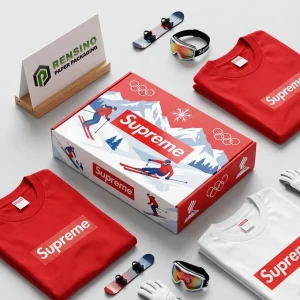 Red Paper Gift Box with Olympic Skiing Illustration, Custom Design Available