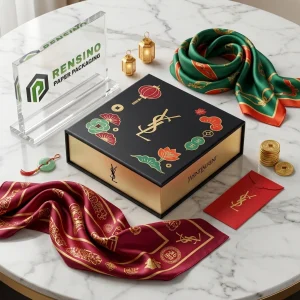 Boîte cadeau rigide en papier noire et dorée YSL avec motif floral et lanterne, adaptée pour l'emballage de cadeaux ou de détail, impression de logo personnalisée disponible