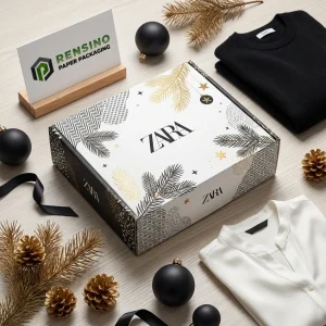 Boîte d'emballage en papier rectangulaire noire et blanche ZARA avec motif de feuilles dorées et noires, adaptée pour l'emballage de cadeaux ou de vente au détail, service OEM/ODM disponible
