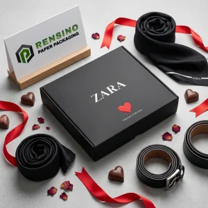 Boîte d'emballage en papier noire ZARA avec illustration de cœur rouge, adaptée pour un emballage cadeau ou de détail, service OEM/ODM disponible