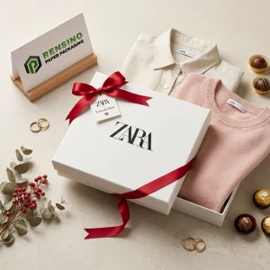 Boîte cadeau en papier style tiroir blanche ZARA avec ruban rouge, adaptée pour l'emballage de cadeaux ou de détail, impression de logo personnalisée disponible